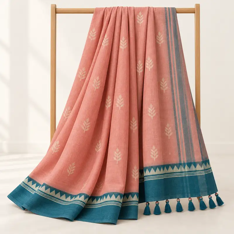 Melon Petrol Leaf Sprig Saree, display view